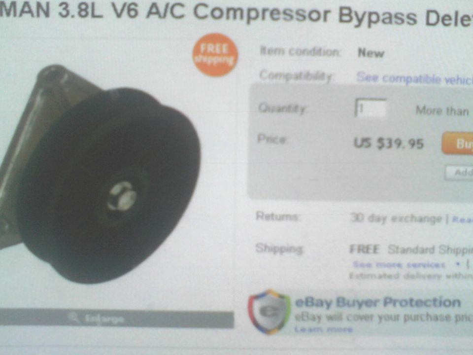 eBay listing screenshot for a 3.8L V6 A/C compressor bypass pulley, $39.95 with free shipping