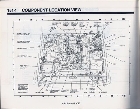 1990 Ford Bronco - Component location view diagram for a 4.9L engine, page 1 of 2.