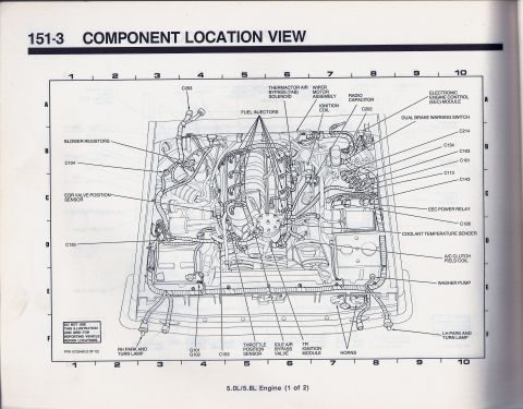 1990 Ford Bronco - This diagram shows various engine components and their locations, not a specific vehicle model year.