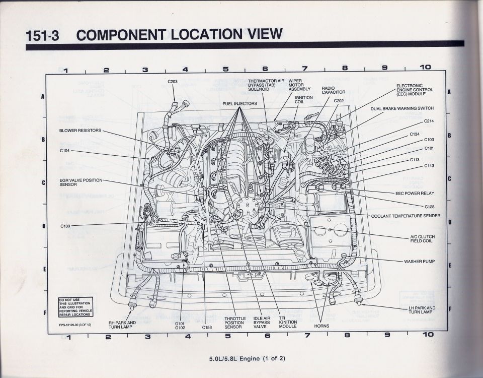 Ford component location view 151-3, 5.0L/5.8L engine, sensor and connector locations