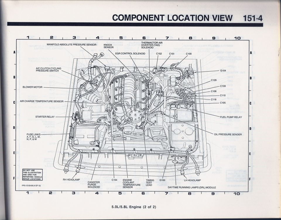 Ford component location view 151-4, 5.0L/5.8L engine 2 of 2, knock sensor and EGR control solenoid locations