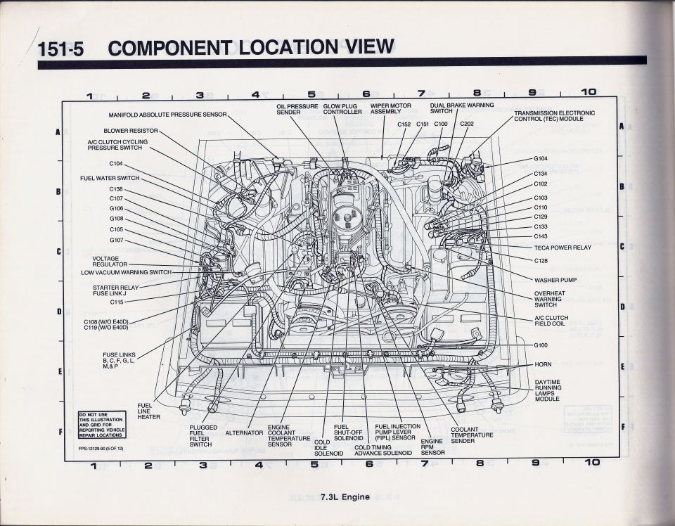 Ford component location view 151-5, 7.3L diesel engine, glow plug controller and TEC module locations