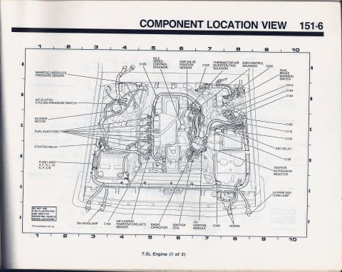 1990 Ford Bronco - This diagram illustrates the placement of various engine components, including sensors and relays.