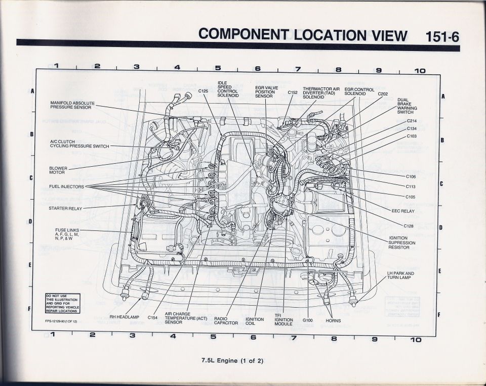 Ford component location view 151-6, 7.5L engine 1 of 2, idle speed control and EGR solenoid locations