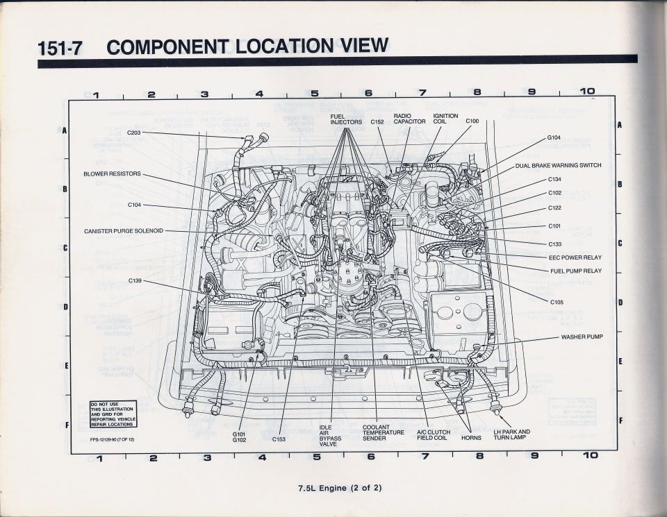 Ford component location view 151-7, 7.5L engine 2 of 2, fuel injectors and EEC power relay locations