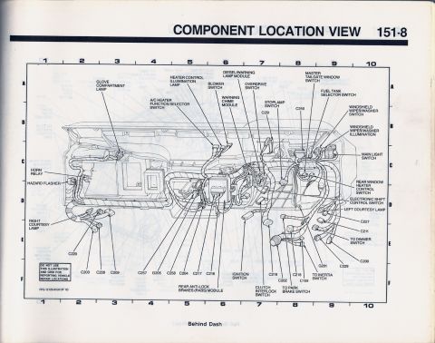 1990 Ford Bronco - This diagram illustrates the location of various electrical components behind the dashboard, including switches and modules.