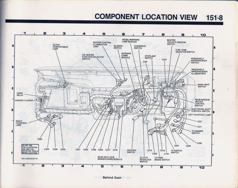 Component location view behind dash showing labeled switches, relays, modules, and connectors (page 151-8)