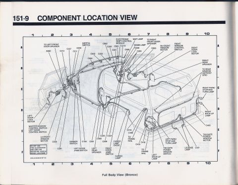 1990 Ford Bronco - Diagram shows electrical component locations for a Bronco, with labels for various switches and lamps.