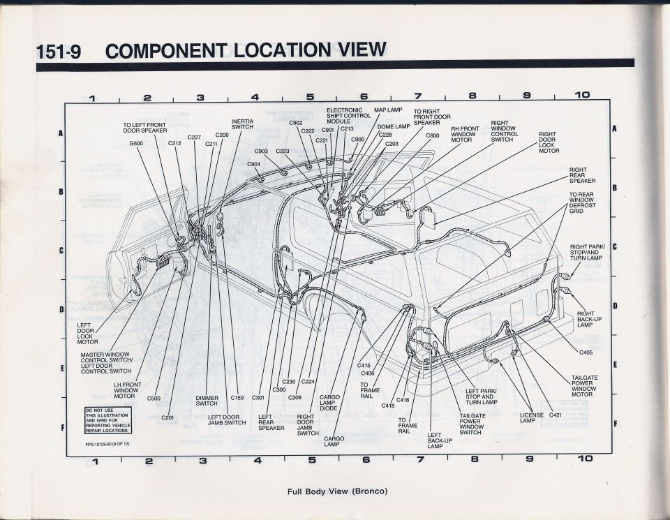 Full body component location view of Bronco showing labeled lamps, motors, switches, and connectors (page 151-9)