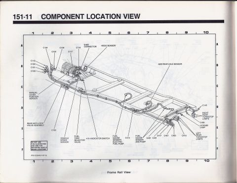 1990 Ford Bronco - This diagram shows the component locations on the frame rail of a vehicle, including various sensors and electrical connections.