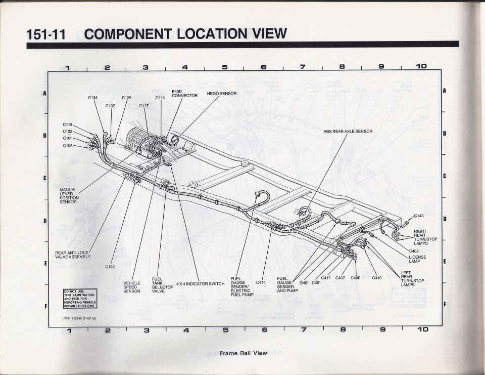 Frame rail component location view showing labeled sensors, fuel pumps, lamps, and connectors (page 151-11)