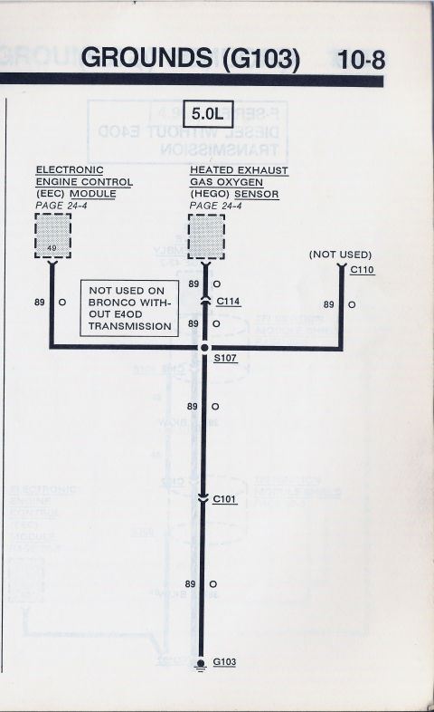 1990 Ford Bronco - This diagram details the grounds for a 5.0L engine, including the EEC module and HEGO sensor, with notes about transmission compatibility.