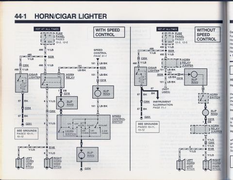 1990 Ford Bronco - This diagram illustrates the electrical pathways for the horn and cigar lighter systems, detailing components and connections.