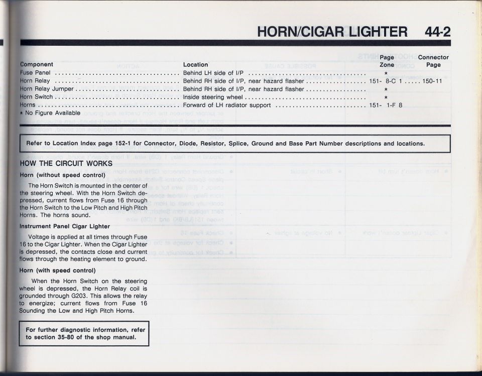 Ford EVTM horn and cigar lighter circuit, page 44-2, component locations and how the circuit works