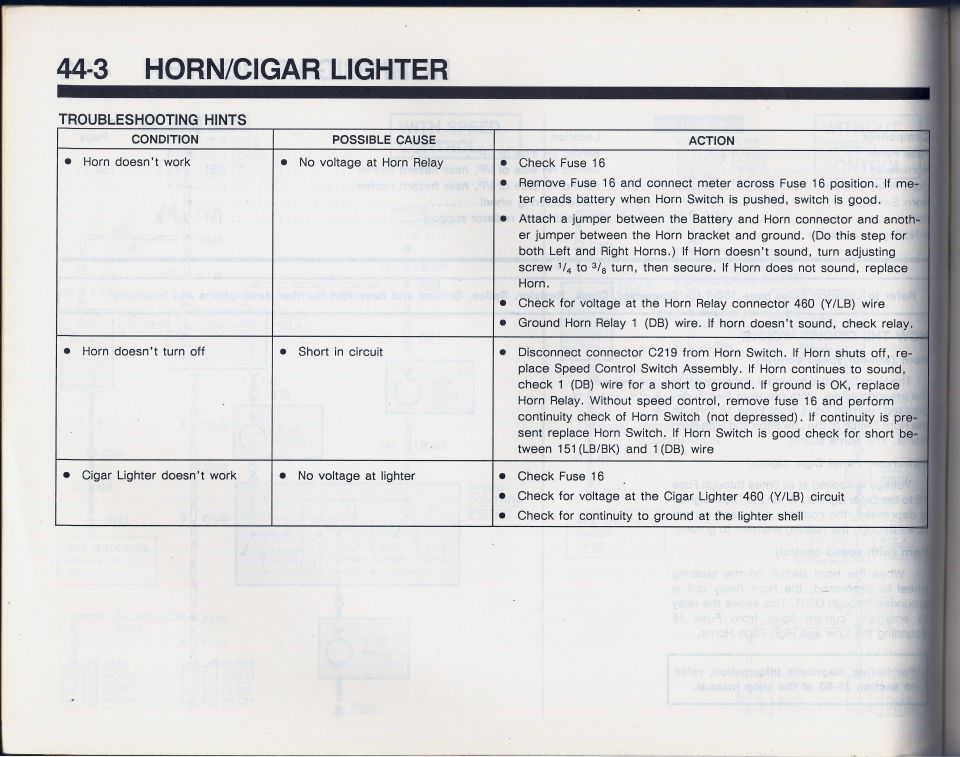 Ford horn and cigar lighter troubleshooting chart, section 44-3