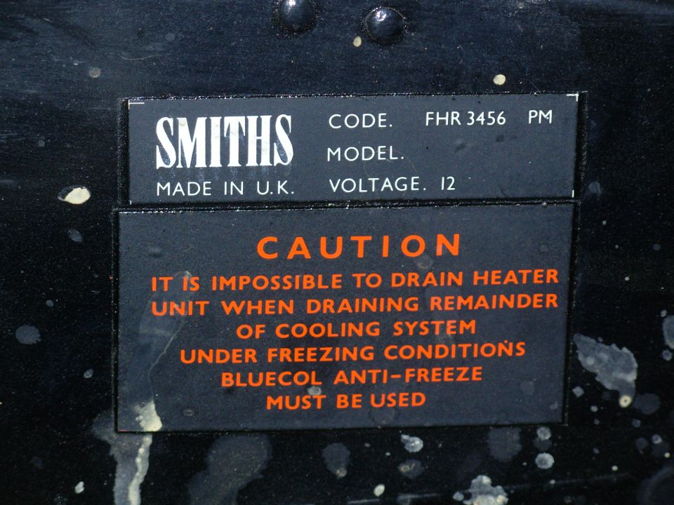 Smiths heater plate FHR 3456 PM, 12V, with orange Bluecol anti-freeze caution label