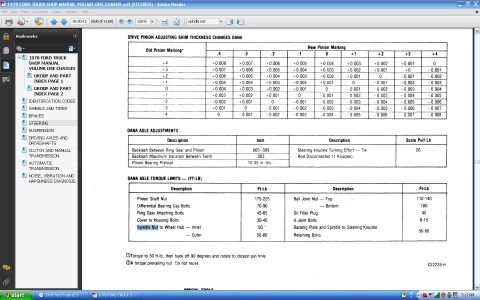 1979 Ford Bronco - Shop manual page detailing Dana axle adjustments and torque specifications.