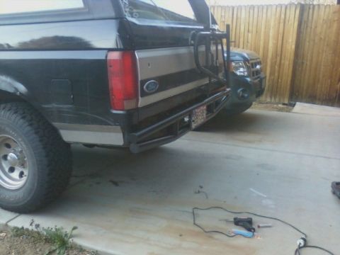1995 Ford Bronco - Rear view of a 1995 Ford Bronco showing its custom bumper and spare tire mount.