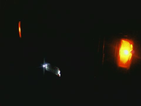 1995 Ford Bronco - A vehicle's headlight and amber marker light are visible in the dark.