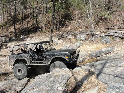 1967 Ford Mustang - Modified off-road SUV tackling a challenging rocky path in a wooded area.