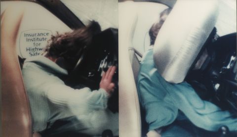 1971 Ford Ranchero - A person is shown inside a vehicle, with a sticker indicating the Insurance Institute for Highway Safety.