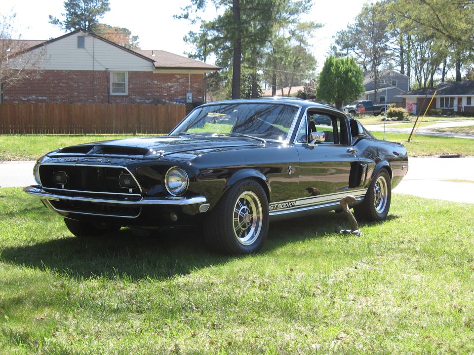 Black 1968 Shelby GT500 parked on grass in front of a house