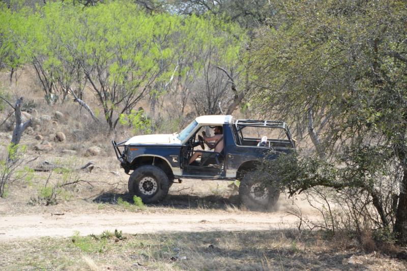 Ford Bronco with off-road tires driving on a dirt path, trees and brush around