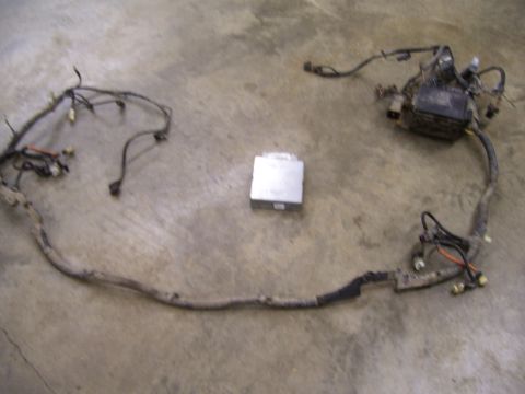 1991 Ford Bronco - An engine wiring harness and computer module are laid out on a concrete surface.