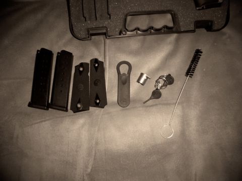 2000 Mercury Grand Marquis - A collection of gun cleaning tools, including brushes, keys, and spare magazines, laid out on a textured surface.