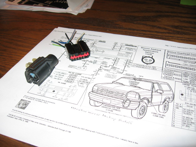 Printed Bronco overhead console wiring diagram with connectors and color codes
