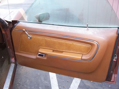 1972 Ford Ranchero - Close-up of a brown interior door panel, showing the textured fabric insert, chrome trim, and window crank.