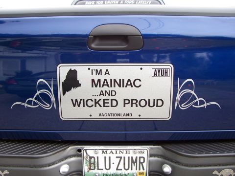 1998 Ford F-150 - A blue pickup truck's rear tailgate displays a custom Maine license plate and a "Vacationland" frame.