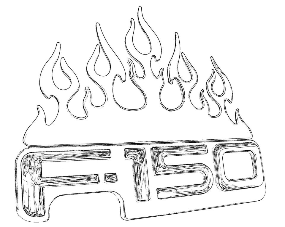 Line-art drawing of a Ford F-150 tailgate emblem with flames rising above the F-150 lettering