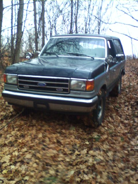 1989 Ford Bronco - A Ford Bronco from the late 1980s is seen off-road in a wooded area.