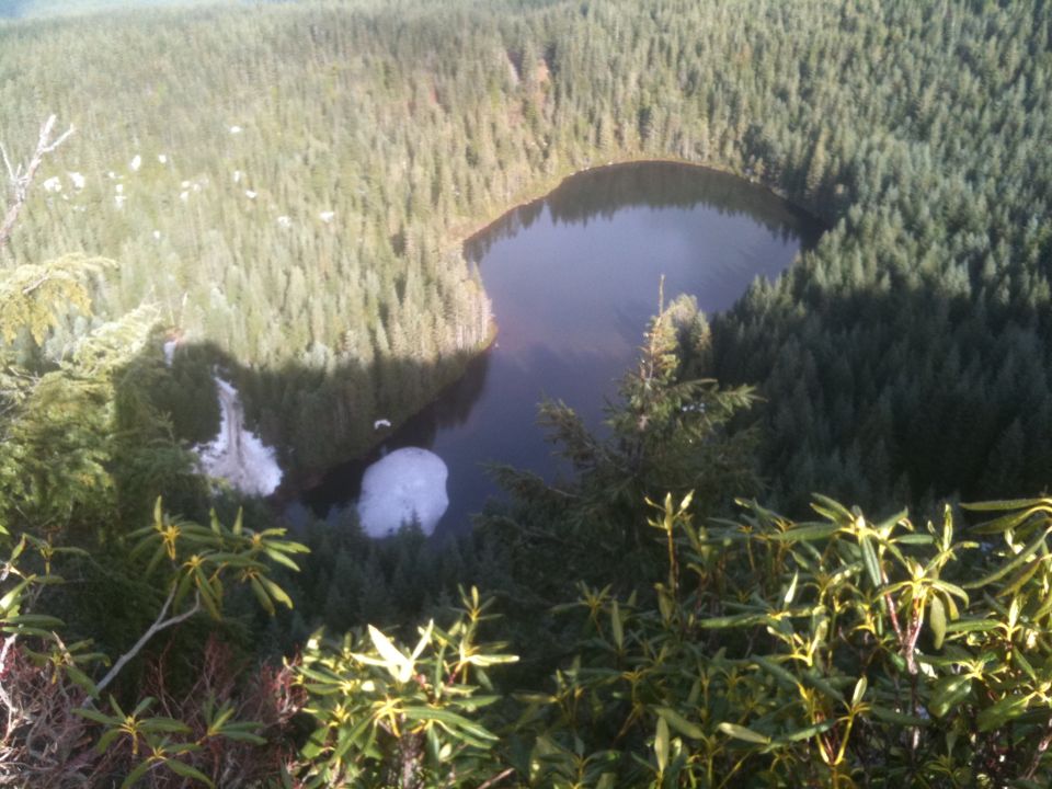 Lake surrounded by dense evergreen forest, with some snow patches visible near the shore