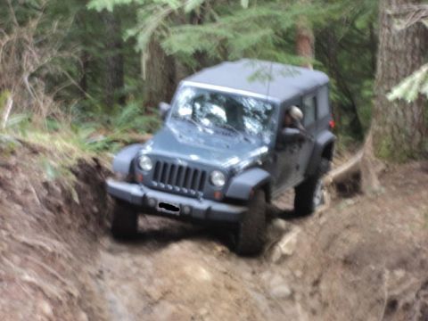 2005 Jeep Wrangler - This Jeep Wrangler is navigating a steep, wooded trail, its off-road capabilities.