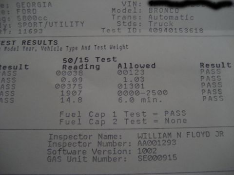 1995 Ford Bronco - This document shows emissions test results for a Ford Bronco, including VIN and inspector details.