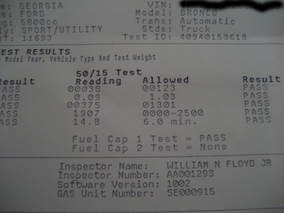 Vehicle emissions test document with VIN and model Bronco