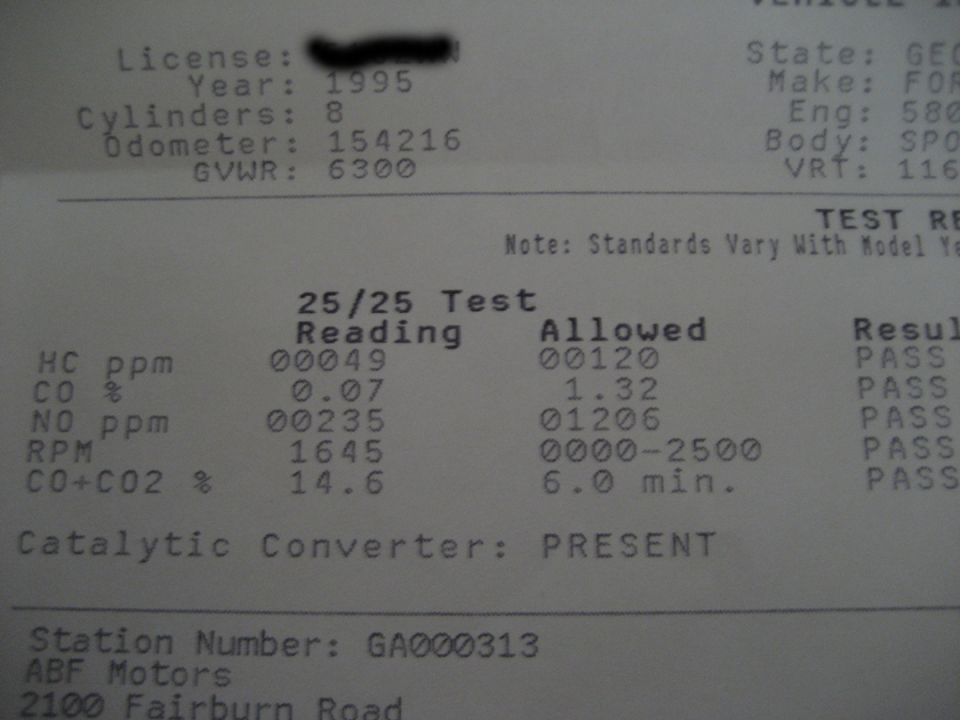 Vehicle emissions test document showing year 1995, make Ford, and test results