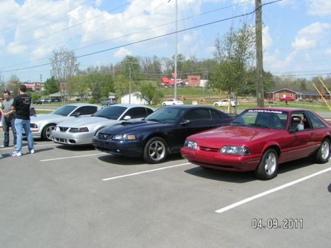 2007 Ford Mustang - Several Ford Mustangs are parked in a lot on a sunny day, with people gathered nearby.