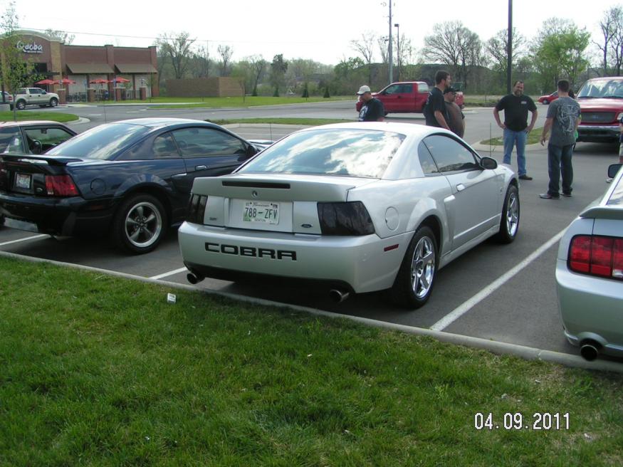 Silver Ford Mustang Cobra parked next to a black Mustang. People stand around in the background