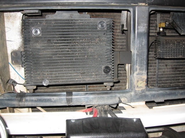 just a front shot of the trans cooler with the plastic ties coming through.  Cooler is a puller and on the backside.