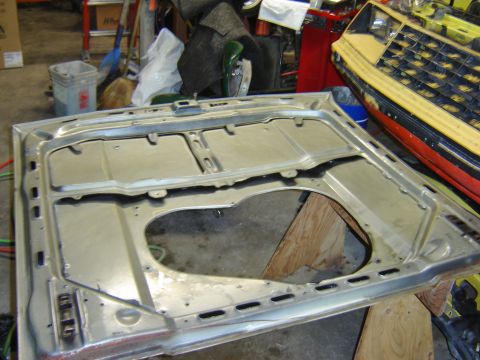 1979 Ford Mustang - sanding the underside of hood.