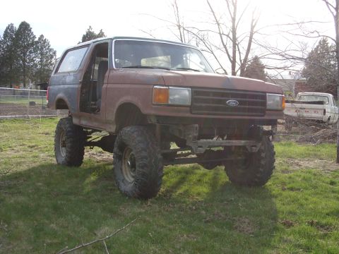 1988 Ford Bronco - A heavily modified Ford Bronco sits in a grassy yard, showing off its lifted suspension and off-road tires.