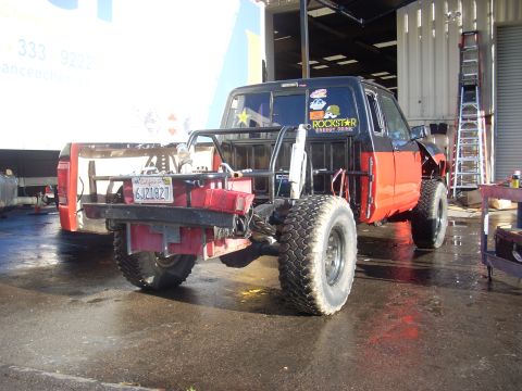 1992 Ford Ranger - This modified 1992 Ford Ranger features off-road tires, a custom roll cage, and a stripped-down rear end.