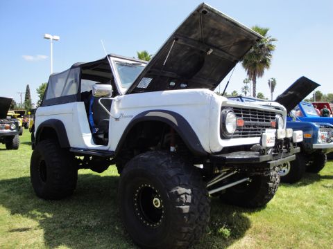 1993 Ford Taurus - A white Ford Bronco is parked on grass with its hood open, alongside a blue Bronco.