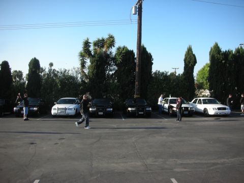 2004 Ford Crown Victoria - A line of police cruisers and civilian vehicles are parked under a clear blue sky.