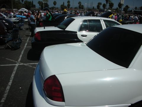 2004 Ford Crown Victoria - A line of cars, including a white Ford Crown Victoria, are parked at an outdoor event.