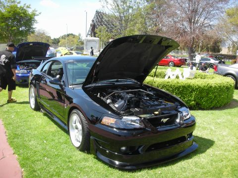 2004 Ford Crown Victoria - A black Ford Mustang is displayed with its hood open at an outdoor car show.
