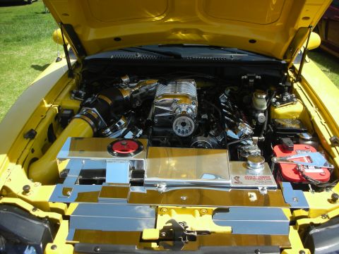 2004 Ford Crown Victoria - The engine bay of a yellow 2004 Ford Mustang Cobra displays a polished supercharger and numerous chrome components.